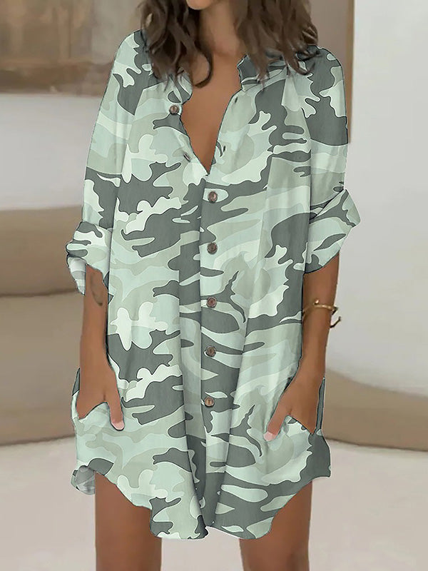 Long Sleeves Loose Buttoned Camouflage Lapel Mini Dresses Shirt Dress