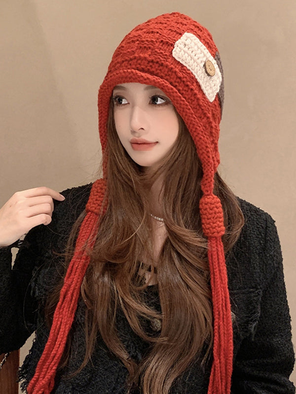 Contrast Color Solid Color Tasseled Knitted Hats