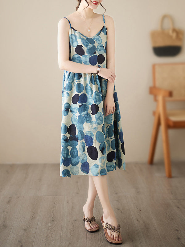 Loose Sleeveless Pleated Printed Split-Joint Spaghetti-Neck Midi Dresses