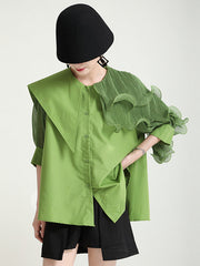 Stylish Asymmetric Split-Joint Falbala With Belted Half Sleeves Blouses