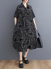 Loose Abstract Printed Lapel Midi Dresses