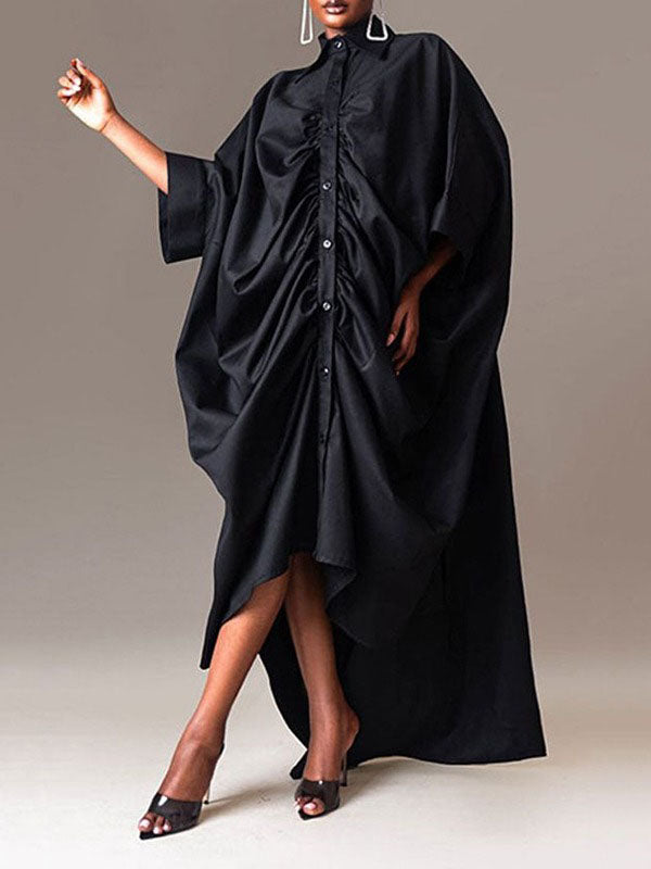 Long Sleeves Loose Buttoned Pleated Solid Color Lapel Maxi Dresses Shirt Dress