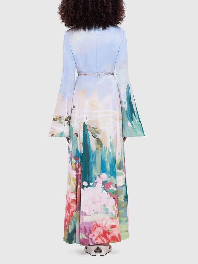 Exquisite Satin Graffiti Print Trumpet Sleeve Maxi Dress