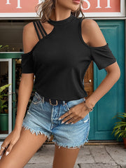 Loose Short Sleeves Asymmetric Hollow Solid Color Cold Shoulder T-Shirts Tops