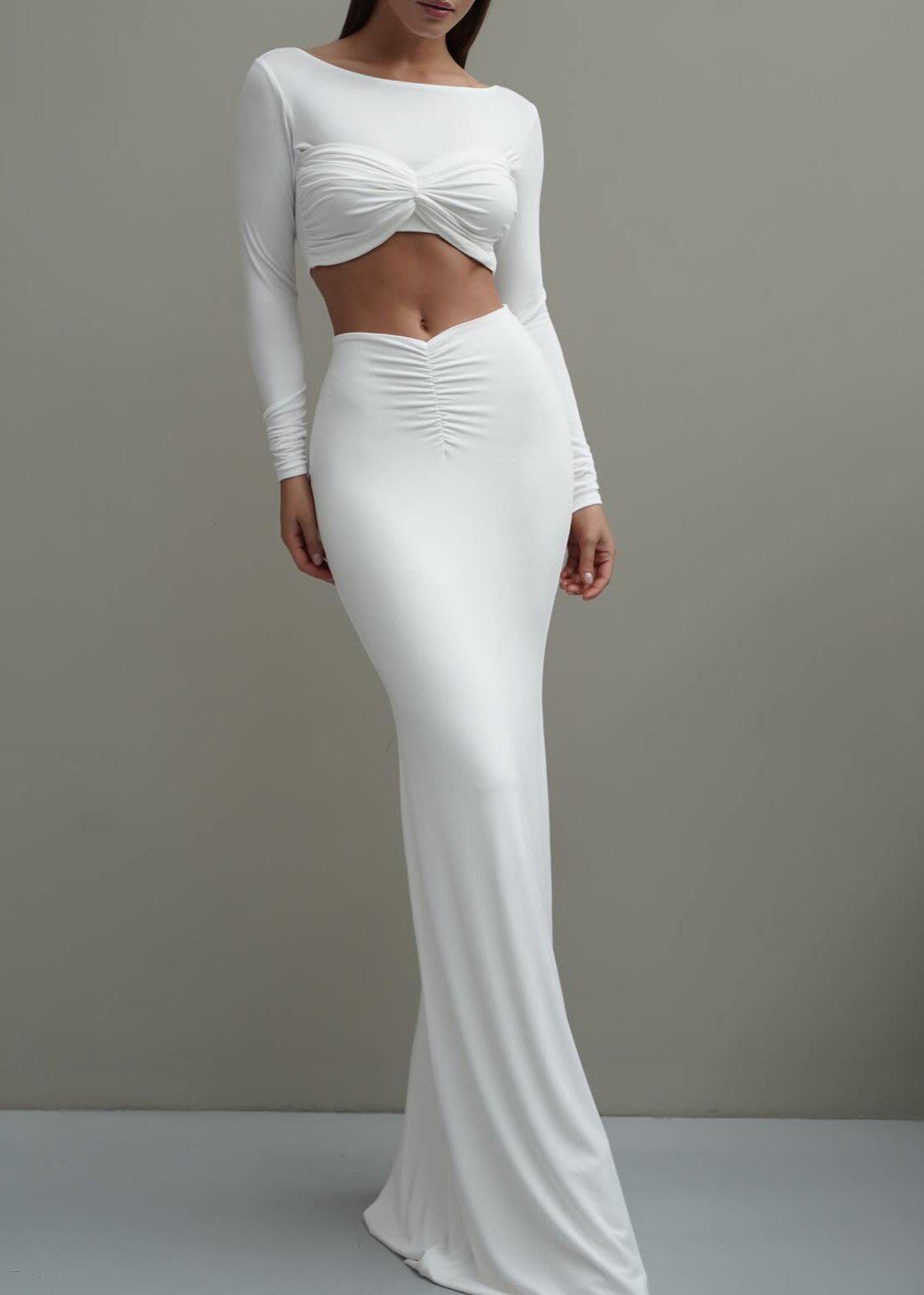 Elegant Shirred Maxi Skirt & Crop Top Set - White