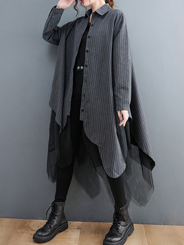 Loose Striped Gauze Split-Joint Lapel Long Dress