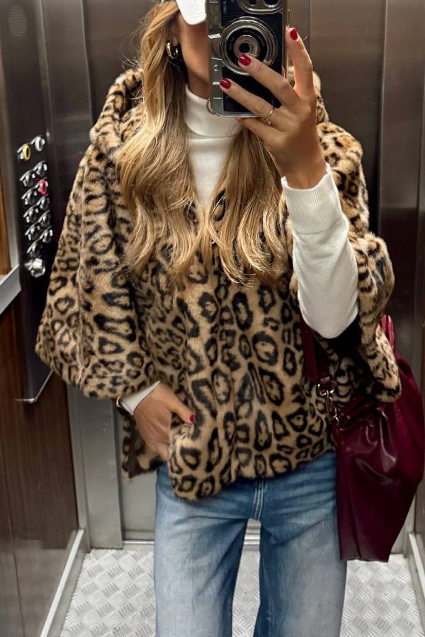 Constanza Leopard Print Wide-sleeved Fleece Coat