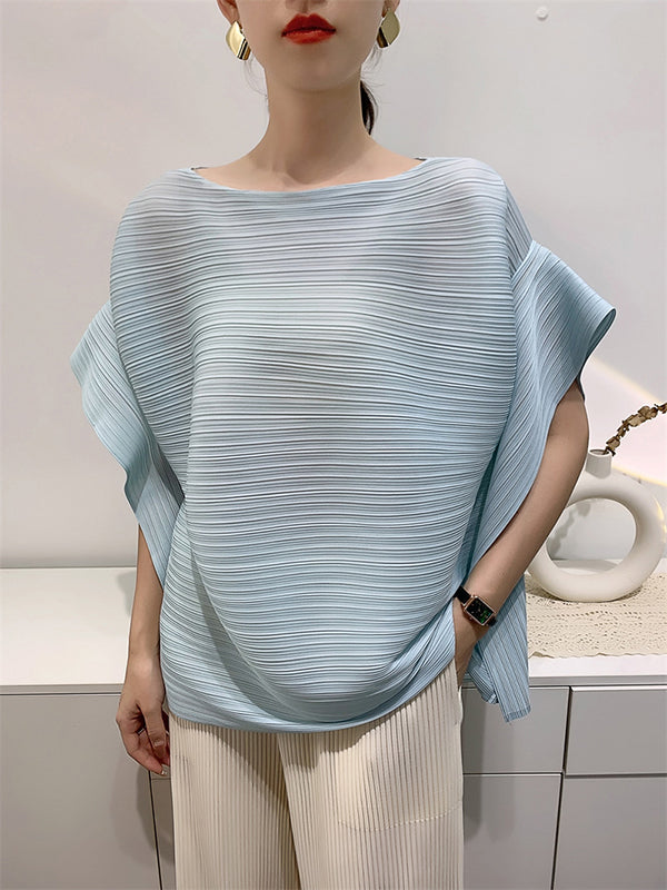 Batwing Sleeves Loose Pleated Solid Color Round-Neck T-Shirts Tops