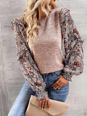 Long Sleeves Loose Flower Print Split-Joint Round-Neck Blouses&Shirts Tops