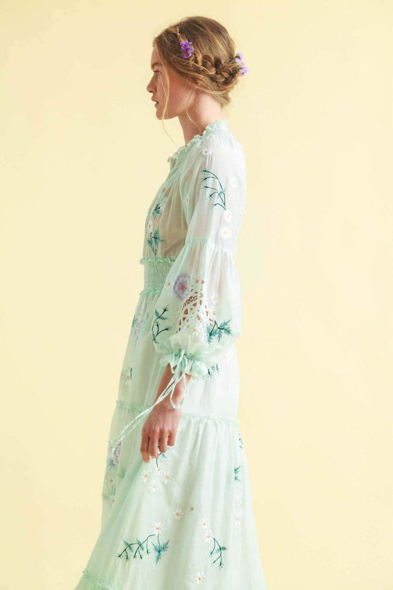 Cecilia Embroidered V-neck Shirred Maxi Dress