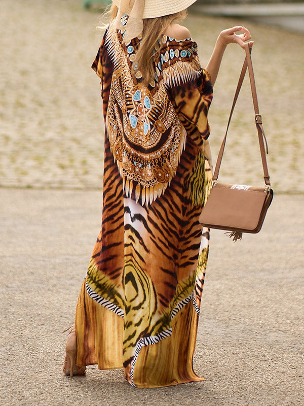 Batwing Sleeves Loose Printed Split-Side Tiger Skin Pattern V-Neck Beach Cover-Up Maxi Dresses