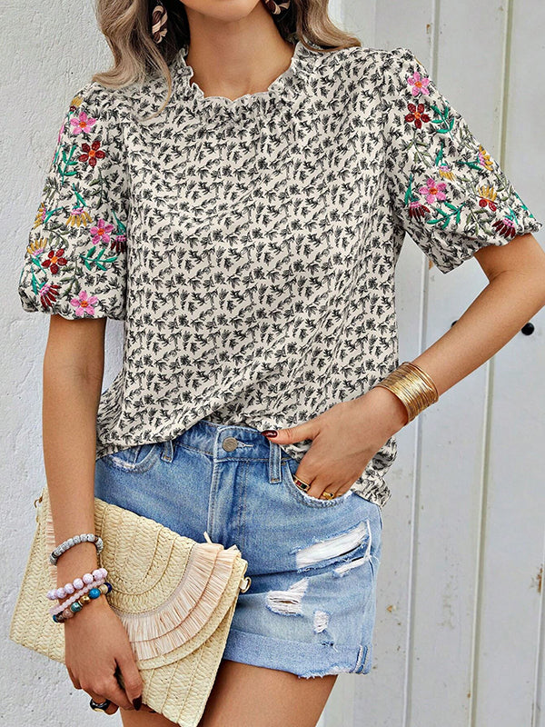 Loose Short Sleeves Elasticity Embroidered Flower Print Pleated Split-Joint Mock Neck T-Shirts Tops