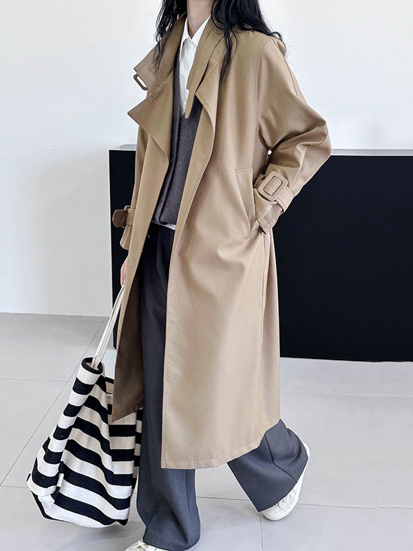 Long Sleeves Loose Buckle Pockets Solid Color Split-Back Tied Waist Lapel Trench Coats