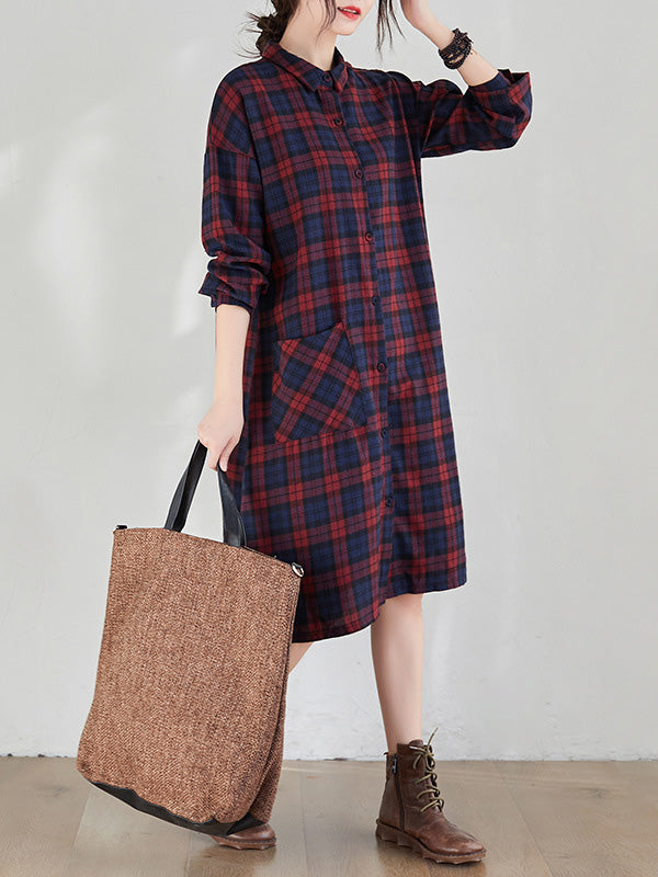 Original Plaid Lapel Shirt Dress