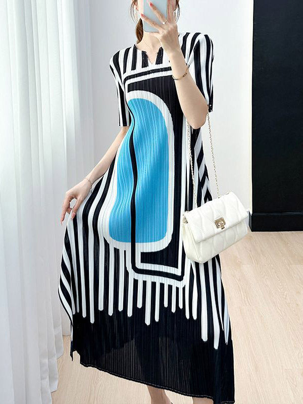 A-Line Loose Pleated Printed V-Neck Midi Dresses