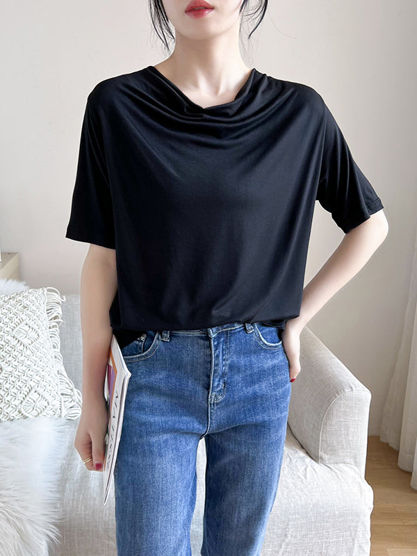 Short Sleeves Pleated Solid Color Heaps Collar T-Shirts Tops