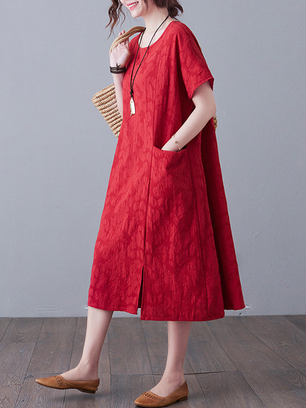 Original Solid Jacquard Short Sleeve Midi Dress