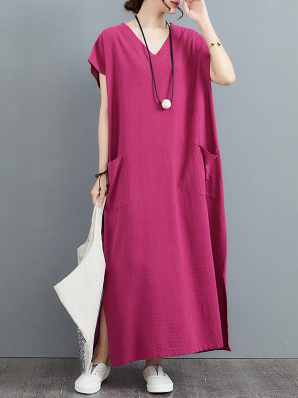 Simple Ramie Cotton Solid Color Split-Side With Pocket V-Neck Short Sleeves Maxi Dress