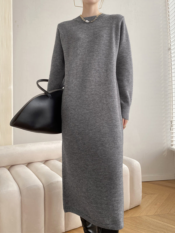 Urban Loose Long Sleeves Solid Color Round-Neck Sweater Dresses