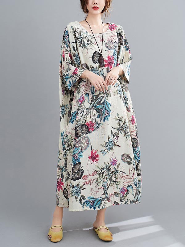 Vintage Floral Round-Neck Dress