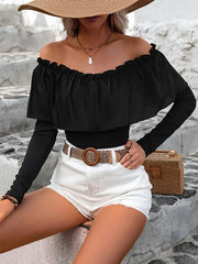 Long Sleeves Skinny Pleated Solid Color Split-Joint Off-the-shoulder T-Shirts Tops