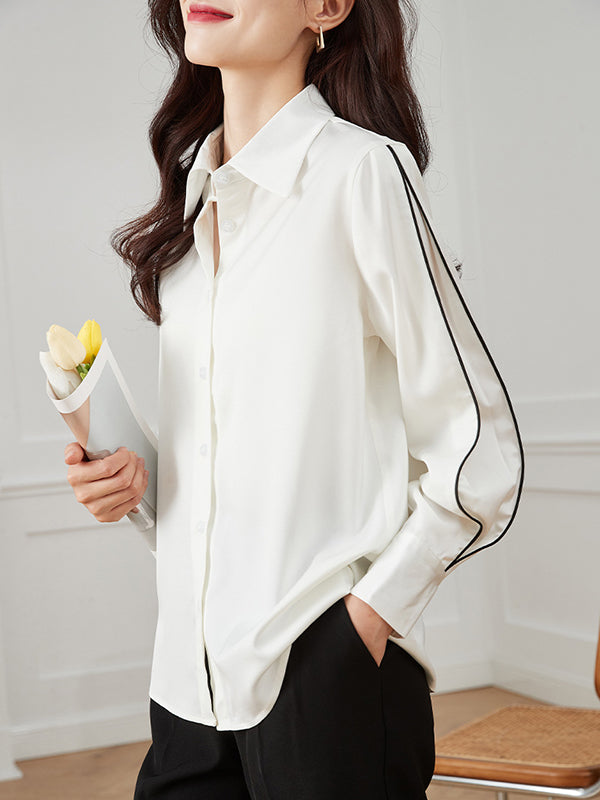 Long Sleeves Loose Buttoned Contrast Color Lapel Blouses&Shirts Tops