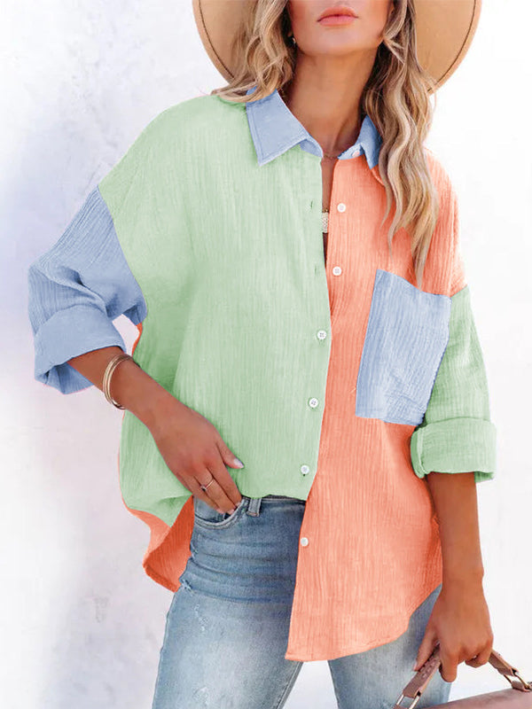 Casual Long Sleeves Contrast Color Split-Joint Lapel Blouses