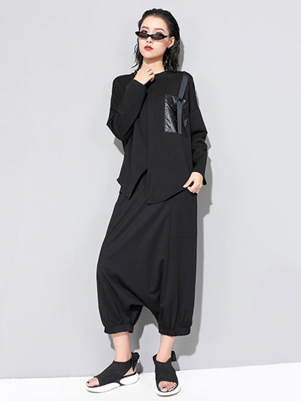 Fashion Loose Long Sleeves Split-Front Round-Neck T-Shirts Tops