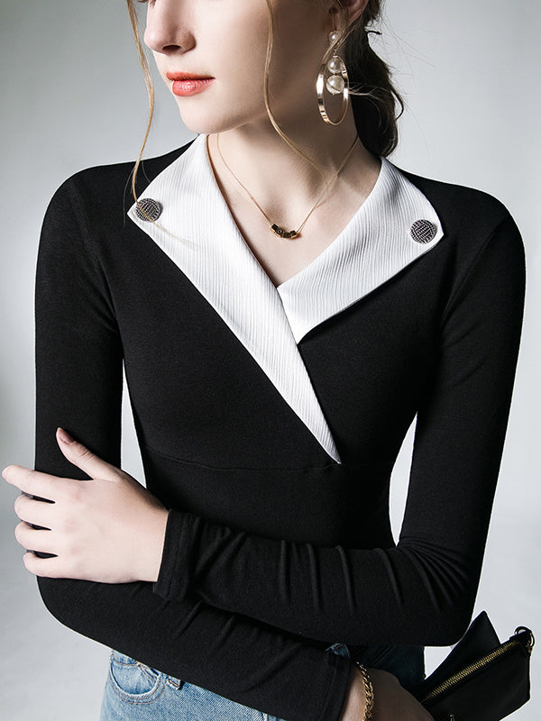 Long Sleeves Skinny Asymmetric Buttoned V-Neck T-Shirts Tops