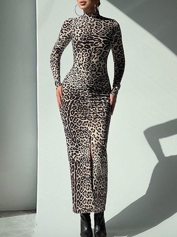 Bodycon Long Sleeves Leopard Pleated Printed Split-Front High Neck Maxi Dresses