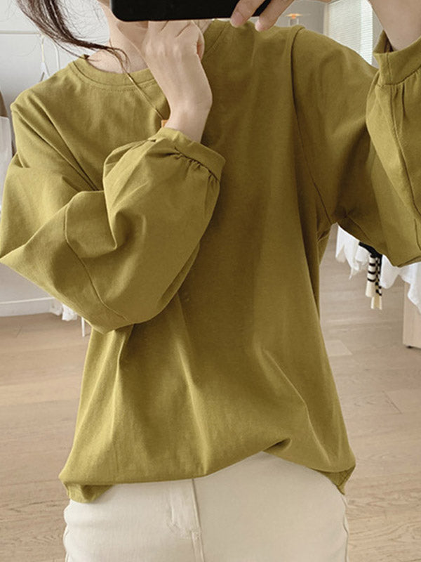 Long Sleeves Loose Pleated Solid Color Round-Neck T-Shirts Tops