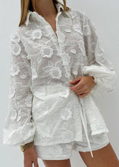 Floral Breeze - Sheer Embroidered Shirt & High-Waist Shorts Set