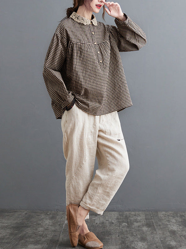 Plaid Ramie Cotton Plus Szie Long Sleeve Shirts