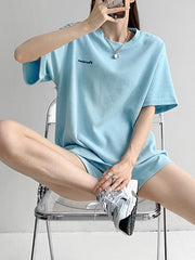 Short Sleeves Split-Joint Round-Neck T-Shirt + Elasticity Waist Shorts Two Pieces Set