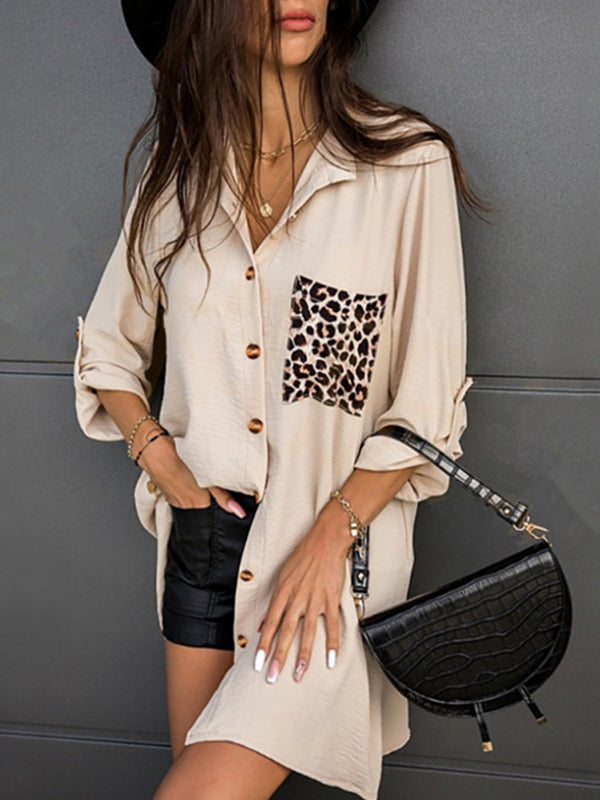 Long Sleeves Loose Leopard Split-Joint Lapel Blouses