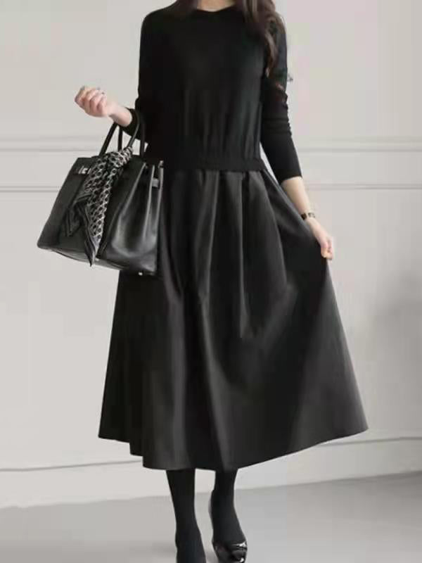 A-Line Long Sleeves Pleated Split-Joint Round-Neck Midi Dresses