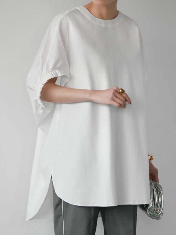 High-low Loose Elasticity Solid Color Split-side Round-neck T-Shirts Tops