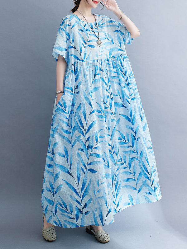 Loose Short Sleeves Leaf Pleated Printed Split-Joint Round-Neck Midi Dresses