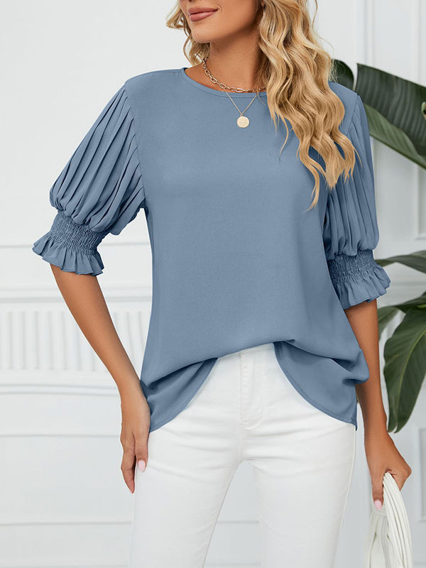 Loose Puff Sleeves Pleated Solid Color Round-Neck T-Shirts Tops