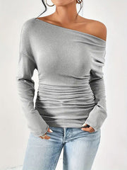 Long Sleeves Skinny Solid Color One-Shoulder T-Shirts Tops