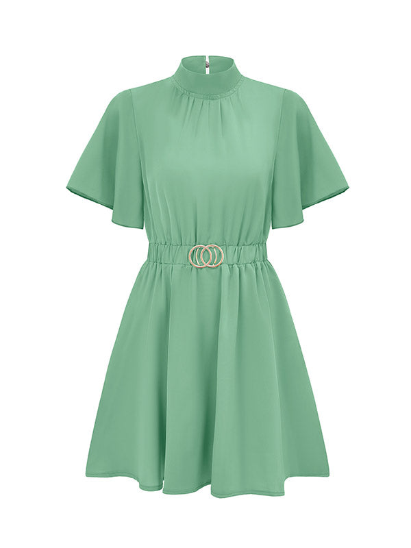 A-Line Flared Sleeves Belted Elasticity Mock Neck Mini Dresses