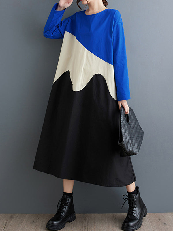 A-Line Long Sleeves Asymmetric Contrast Color Split-Joint Round-Neck Midi Dresses