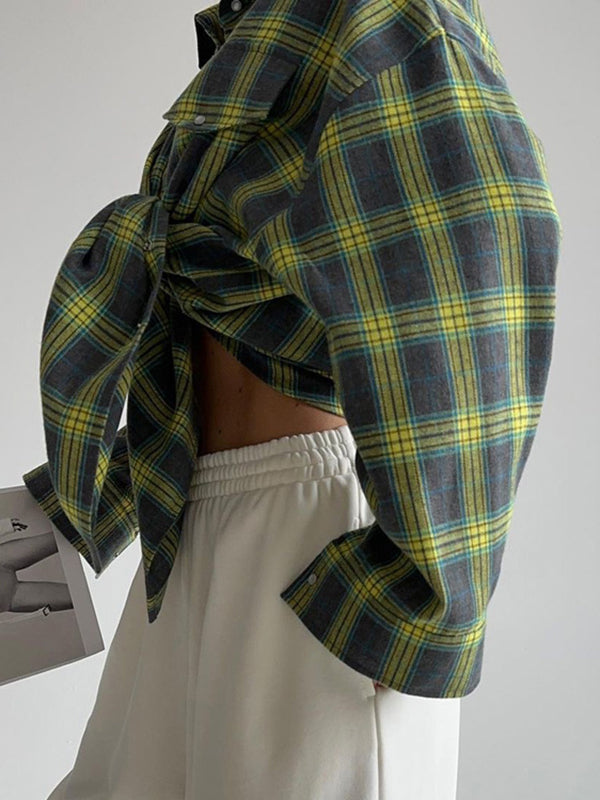 Long Sleeves Loose Buttoned Plaid Pockets Split-Joint Lapel Blouses&shirts Tops