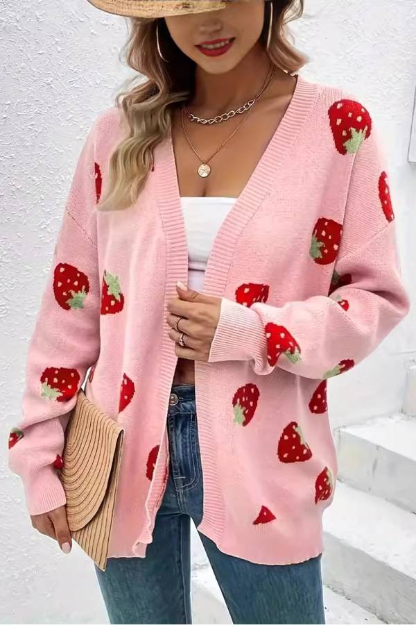 Pink Casual Strawberry Pattern Knit Cardigan