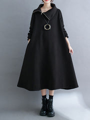 A-Line Long Sleeves Asymmetric Solid Color Zipper High Neck Midi Dresses