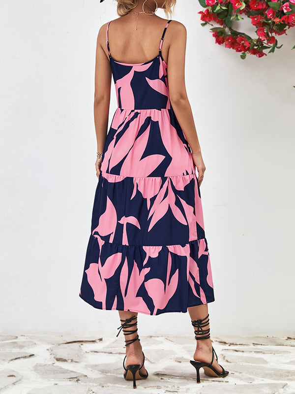 Loose Sleeveless Contrast Color Floral Printed Spaghetti-Neck Midi Dresses