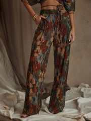 Unique Vintage Floral Print Pleated Side Pocket Wide-Leg Pants