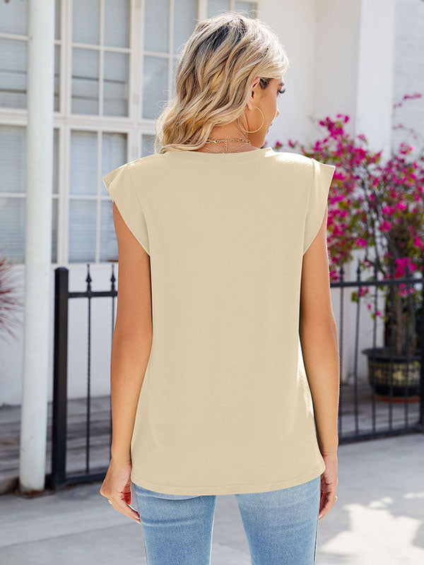 Cap Sleeve Solid Color V-neck T-Shirts Tops