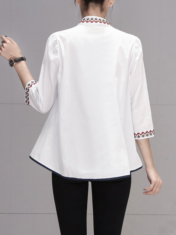 Loose Three-Quarter Sleeves Buttoned Embroidered Stand Collar Blouses&Shirts Tops