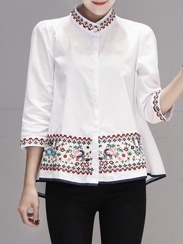 Loose Three-Quarter Sleeves Buttoned Embroidered Stand Collar Blouses&Shirts Tops